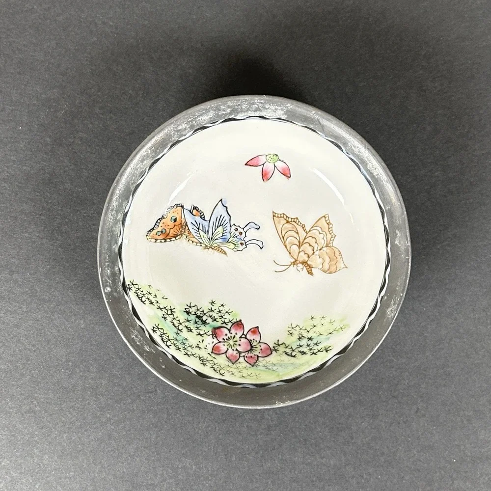VTG Japanese Porcelain Ware Bowl Pewter-Cased & Decorated in Hong Kong 4 in TFF